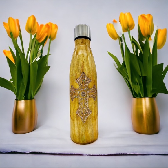 Faith 17oz water bottle, hand painted wood grain, gold & gemstone glitter inlays - Picture 11 of 12